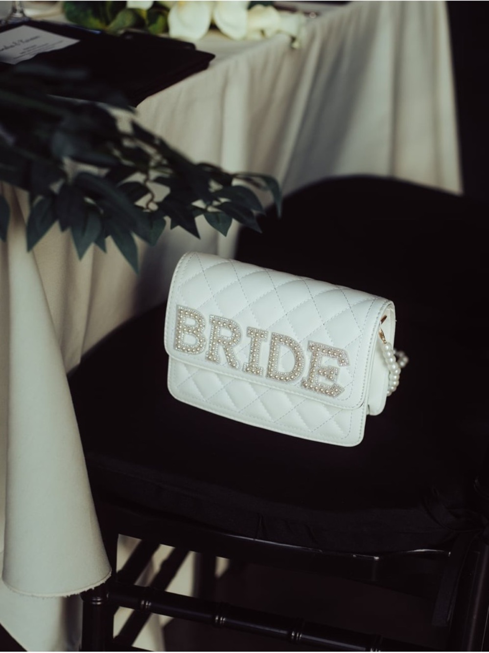 White 'BRIDE' Quilted Crossbody Bag with Pearl Accent